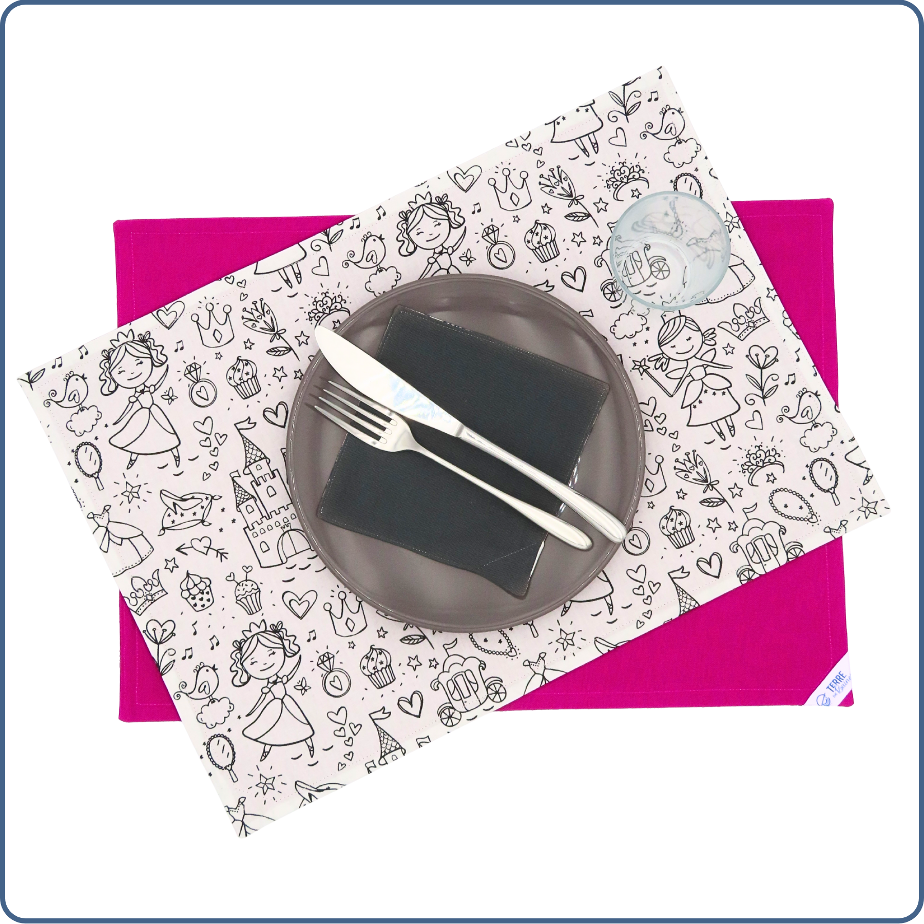 Set de table à colorier lavable pour enfant, motifs princesses, coton Oeko-Tex, fabrication main – Terre de Baïnes