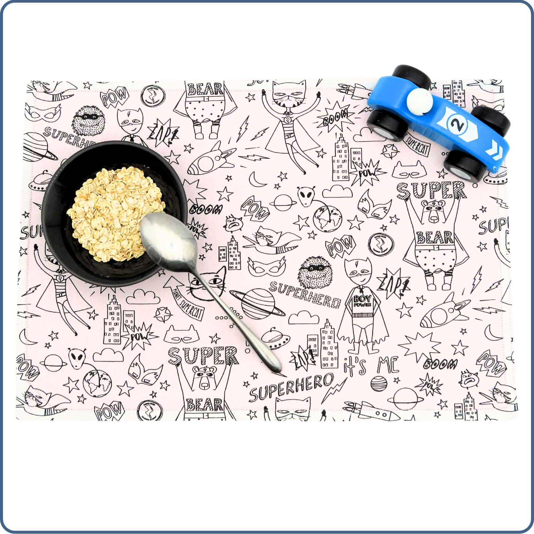 Set de table à colorier lavable pour enfant, motifs super héros, coton Oeko-Tex, fabrication main – Terre de Baïnes