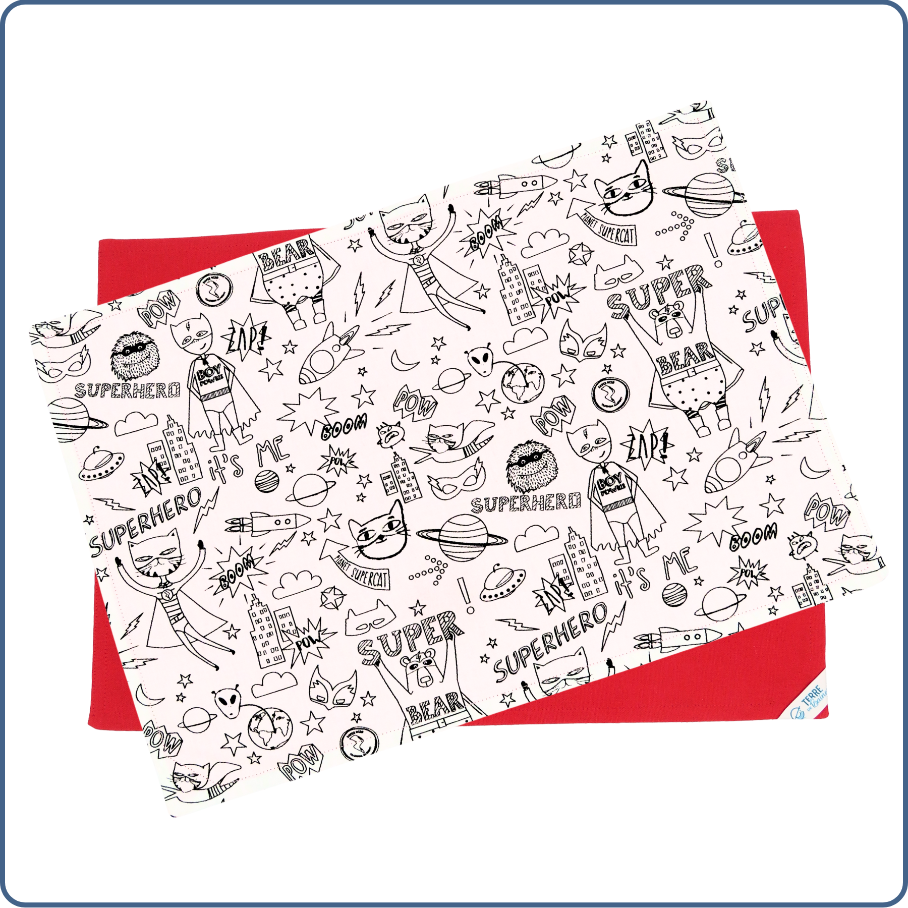 Set de table à colorier lavable pour enfant, motifs super héros, coton Oeko-Tex, fabrication main – Terre de Baïnes